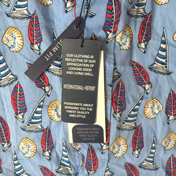 Sailboat Print Short-Sleeve Button-Up Shirt S/Blue - Picture 4 of 12